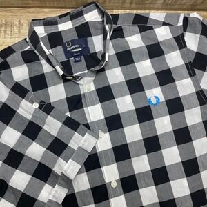 Fred Perry Mens Slim Fit Short Sleeve Gingham Button Shirt Black White Large GUC